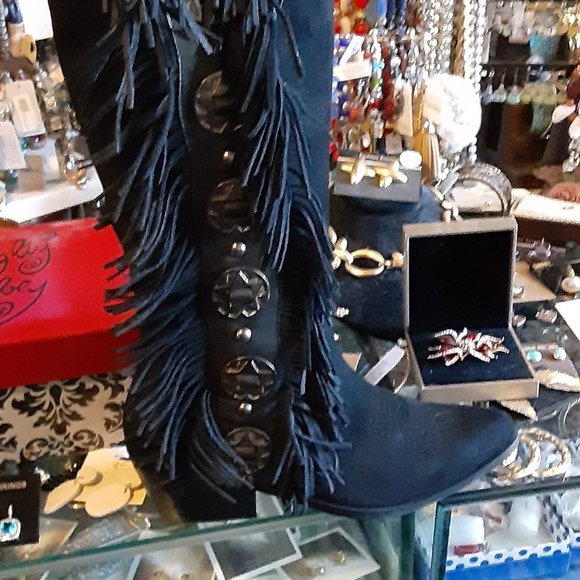 NAUGHTY MONKEY BLACK WESTERN New BOOTS SILVER TRIM CONCHOS  AND FRINGE sz 8.5 - Picture 1 of 5